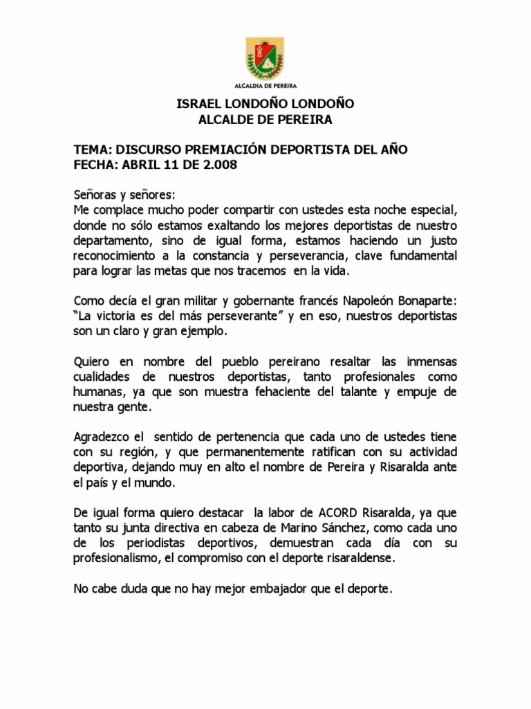 ¿Cuál es un ejemplo de discurso de entrega de un premio deportivo?